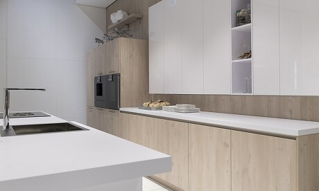 Materialmix in der Küche: Helles Holz und weiße Flächen passen gut zusammen. Materialmix in der Küche: Helles Holz und weiße Flächen passen gut zusammen.