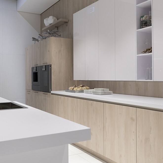 Materialmix in der Küche: Helles Holz und weiße Flächen passen gut zusammen. Materialmix in der Küche: Helles Holz und weiße Flächen passen gut zusammen.